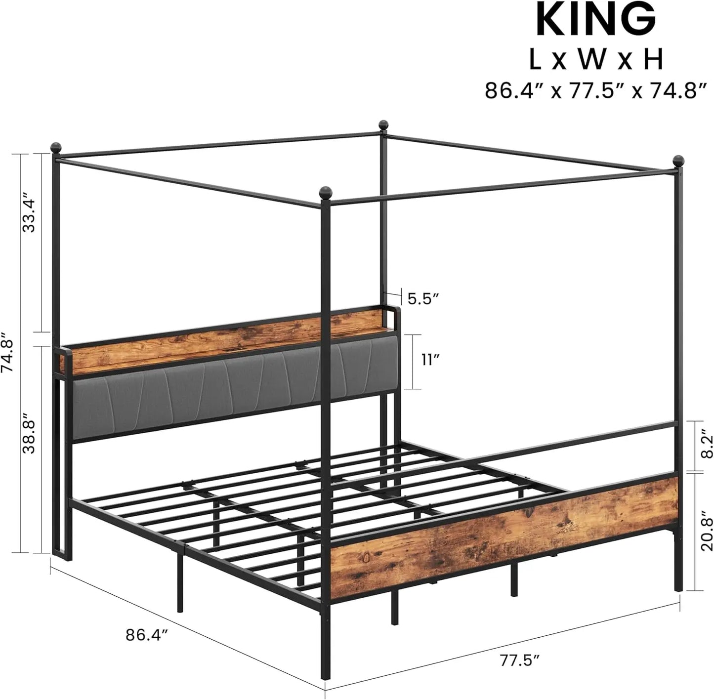 LIKIMIO Canopy Bed Frame With Storage And Charging Headboard