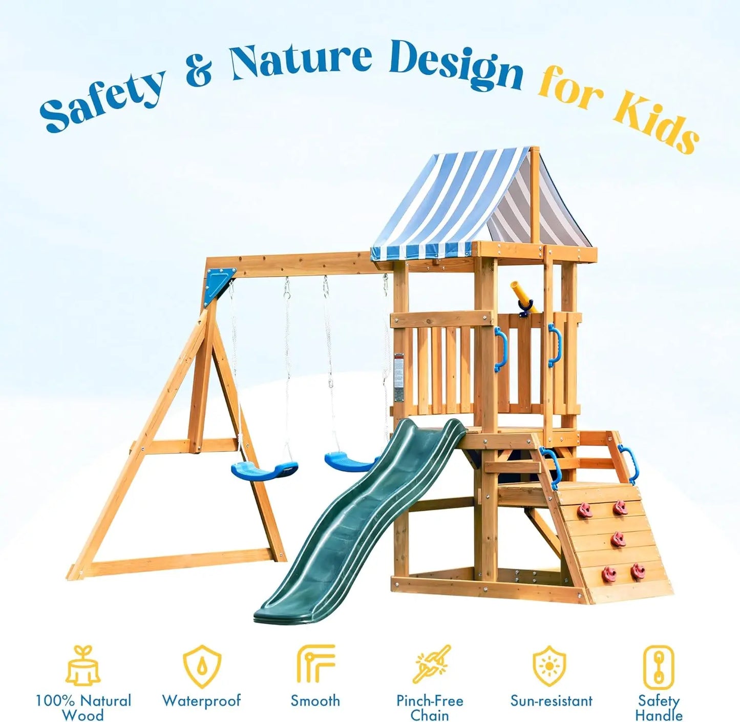 Robotime Robud Wooden Swing Set With Dual Swings Slide Chalkboard