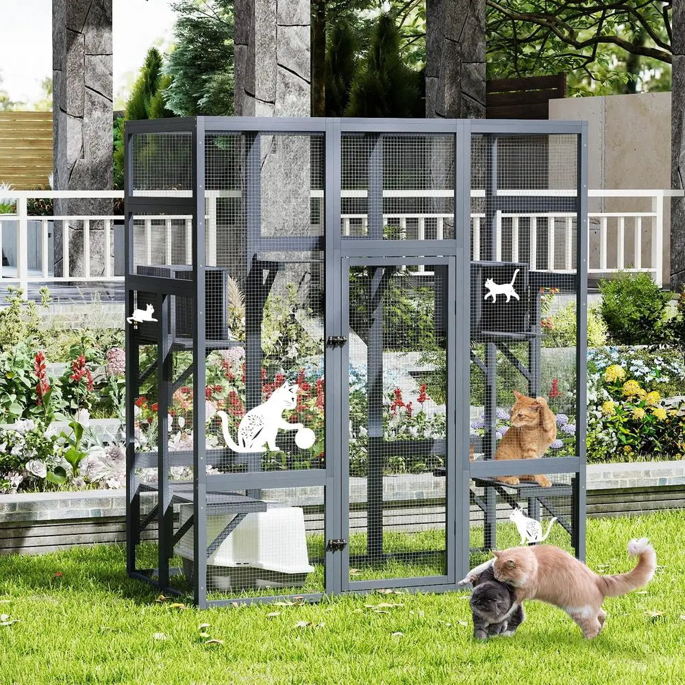 Wooden Outdoor Cat Enclosure With Waterproof Roof And Perches