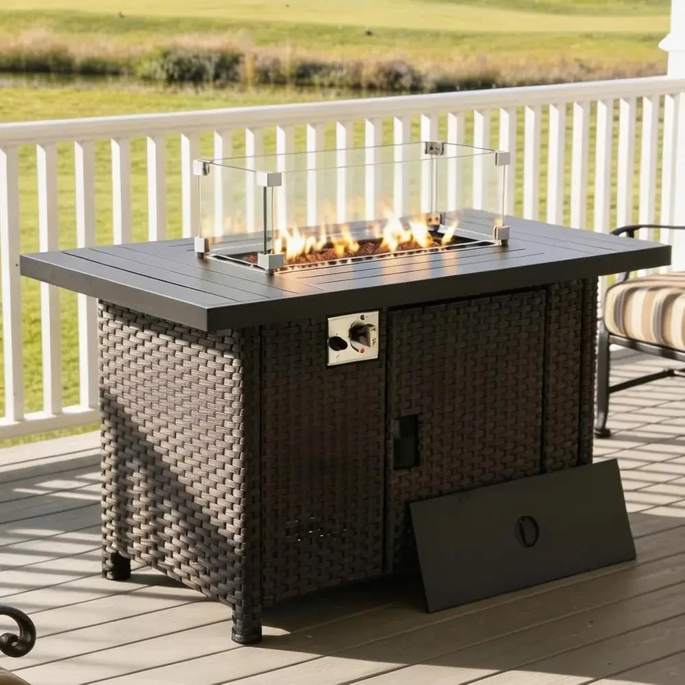 Outdoor Propane Fire Pit Table With Glass Wind Guard