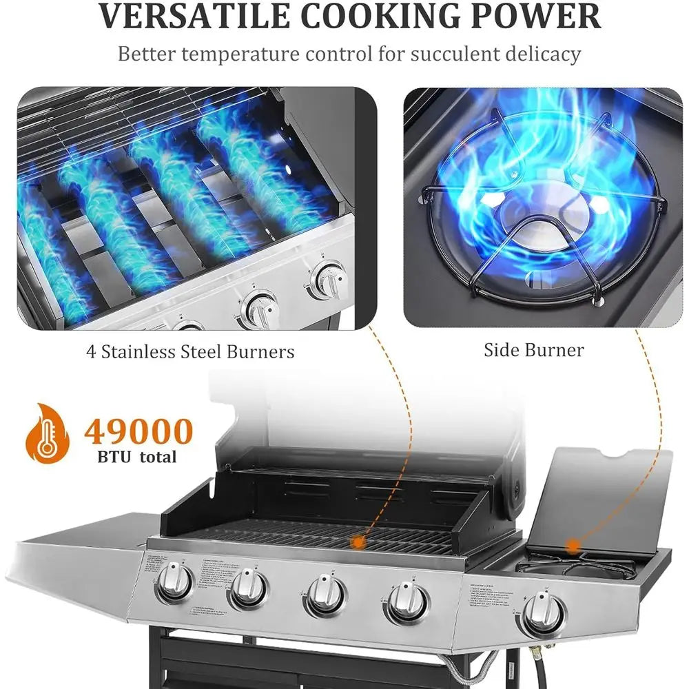 Four Burner Propane Gas BBQ Grill With Side Burner Thermometer