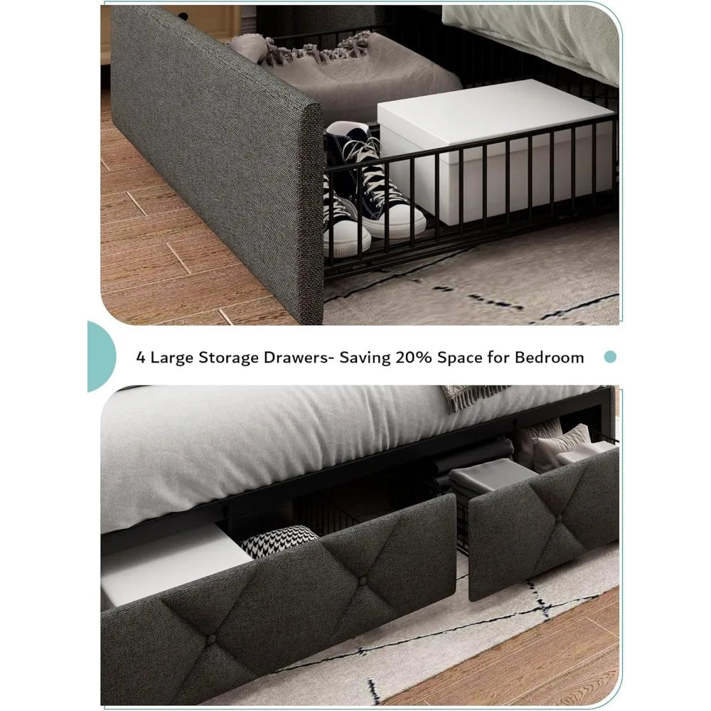 Upholstered Wingback Platform Bed With Storage Drawers And USB Charging