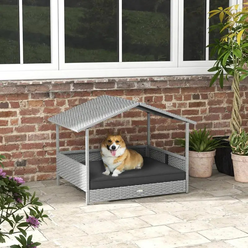 PawHut Wicker Dog House With Canopy Water Resistant Cushion Outdoor