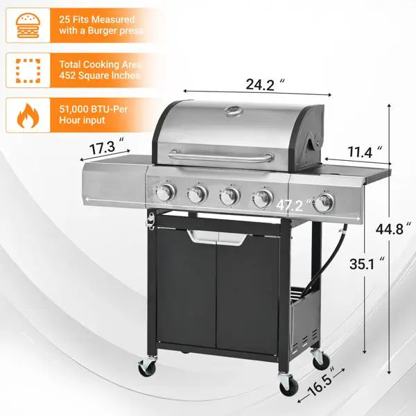 Stainless Steel Propane Grill with Side Burner for Outdoor Cooking