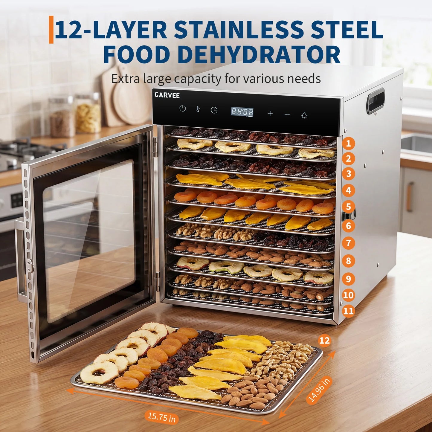 Stainless Steel Digital Food Dehydrator with 10 or 12 Trays