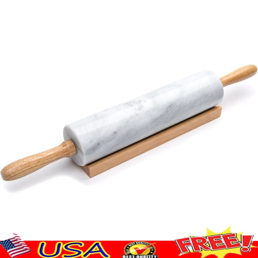 Elegant Marble Rolling Pin With Wooden Cradle Nonstick
