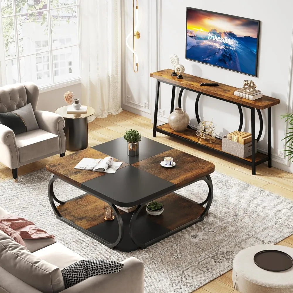 Farmhouse Style Coffee Table With Storage Shelf Charm