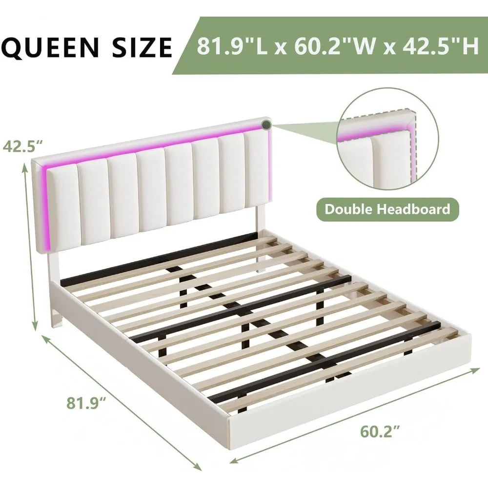 Floating Upholstered Bed Frame With LED Headboard And Slats