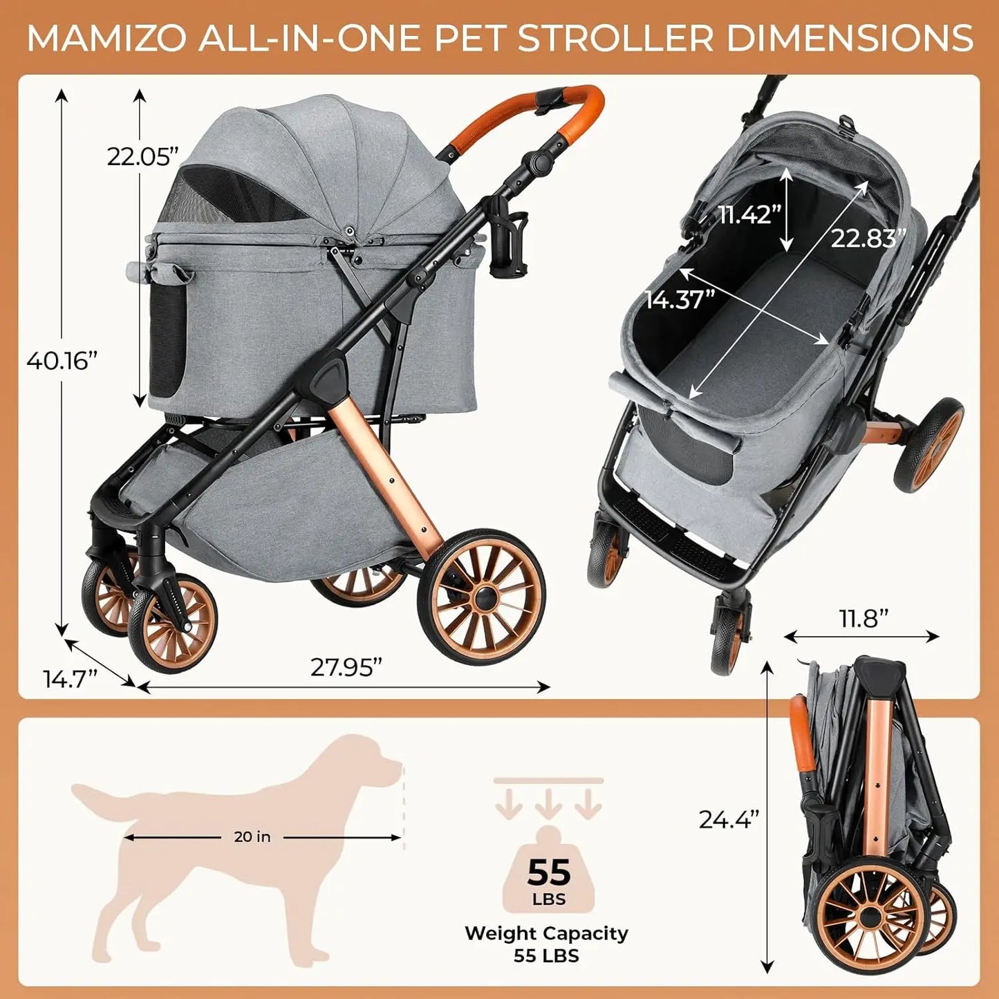 JHK 3 Wheels Foldable Pet Stroller for Small Dogs and Cats Stroller with Mesh Windows Storage Basket Cup Holder for Outdoor Use