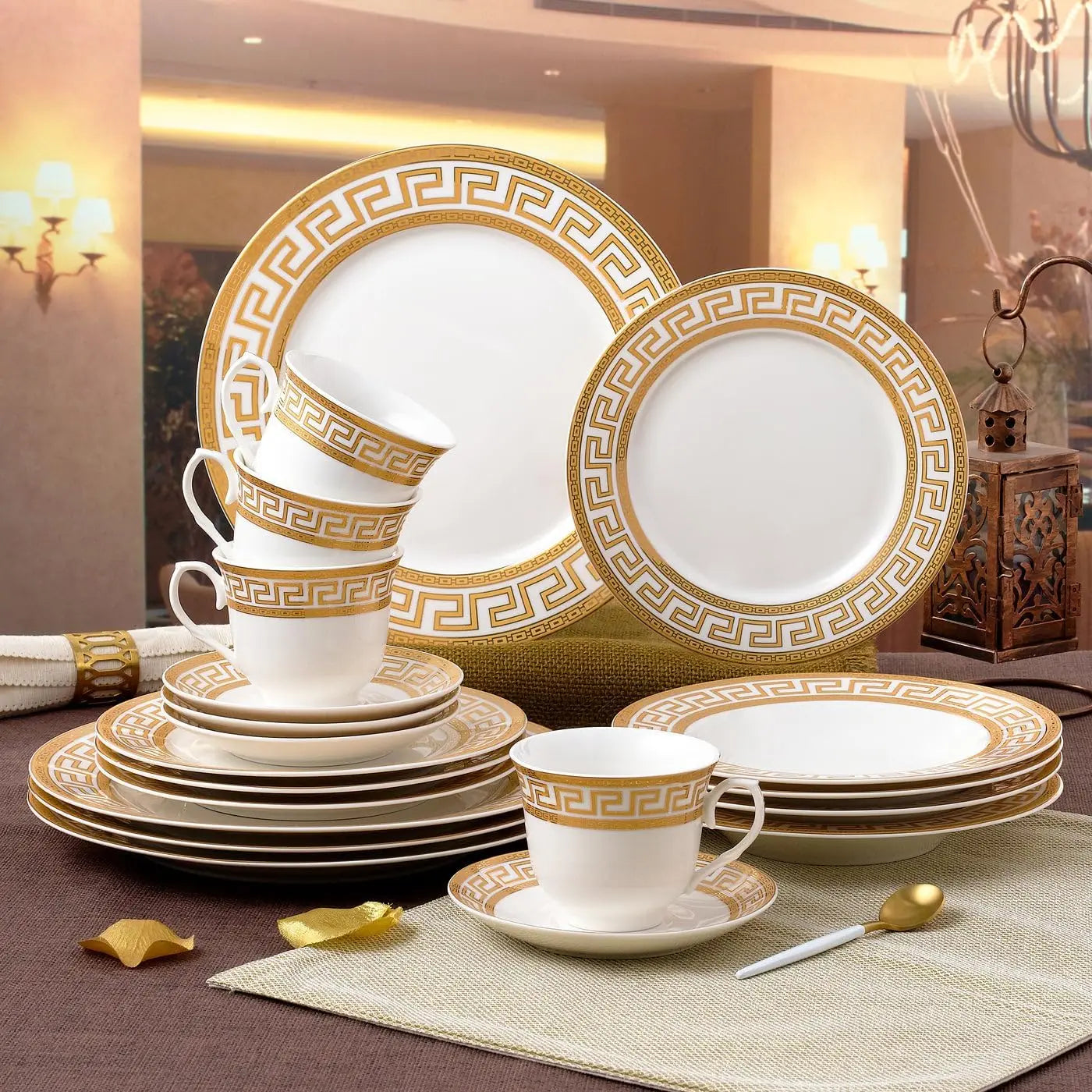 Vintage Gold Greek Key Dinnerware Set for Elegant Dining