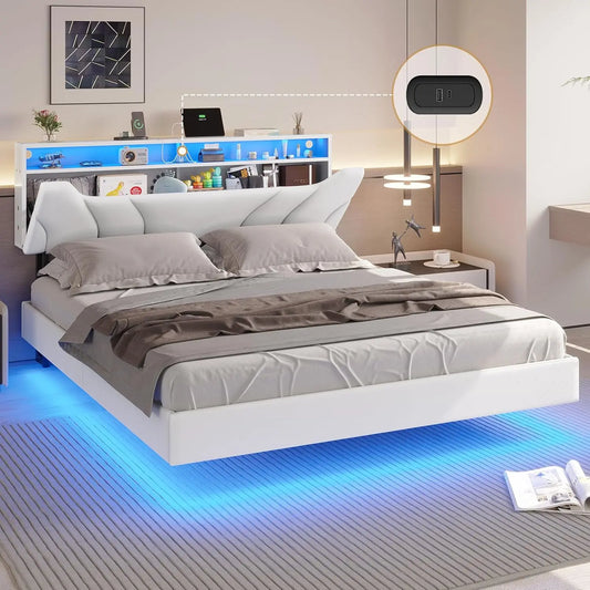 Modern Floating Bed Frame with LED Lights and USB Ports