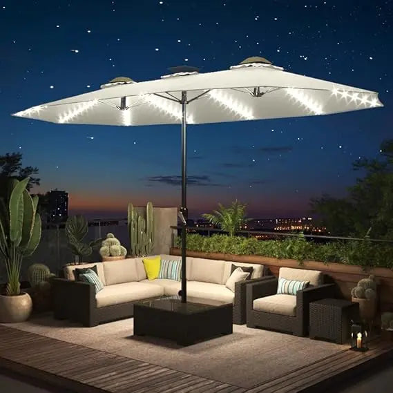 Solar Powered Patio Umbrella With LED Lights And Crank