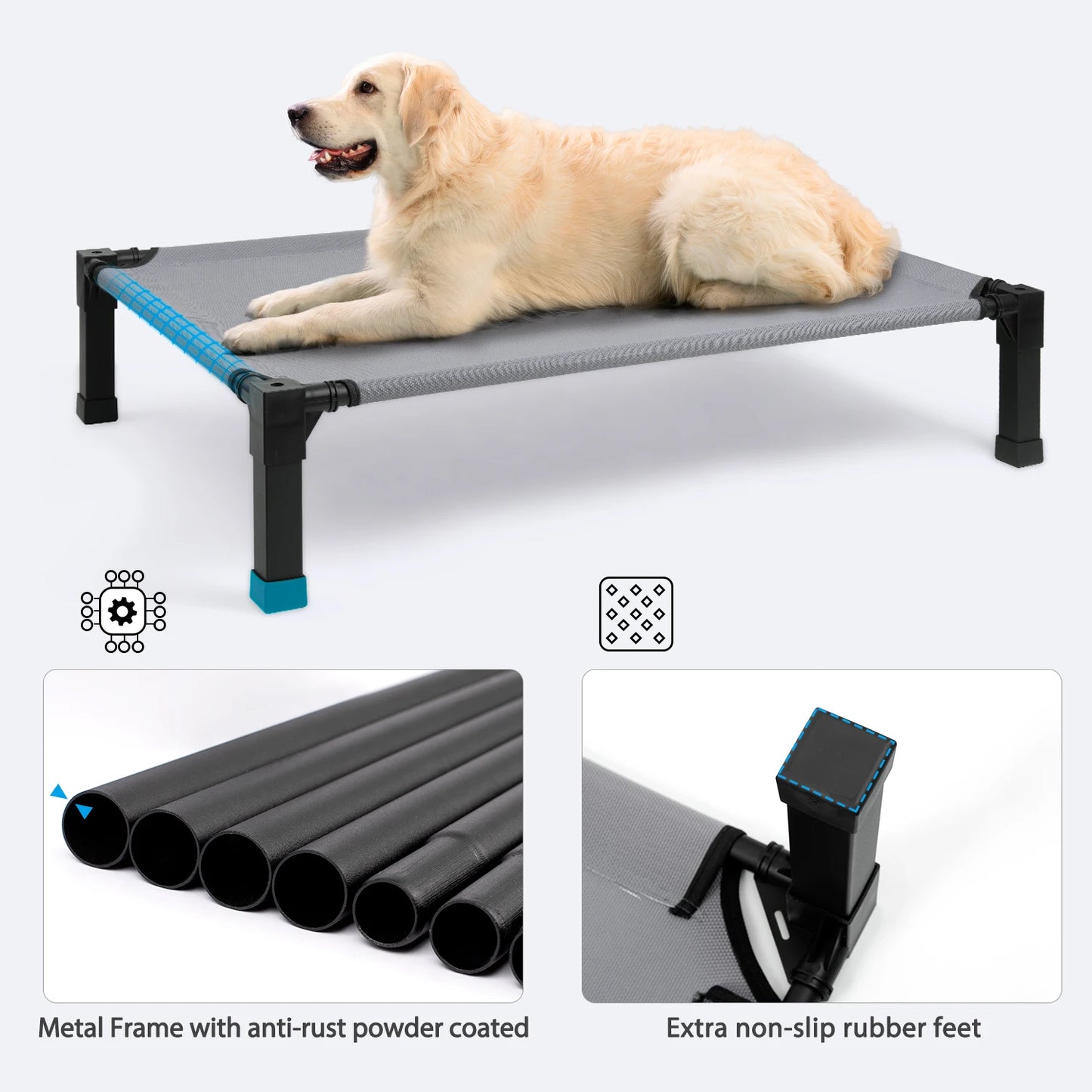 Dog lying on a elevated pet bed with metal frame components displayed below.