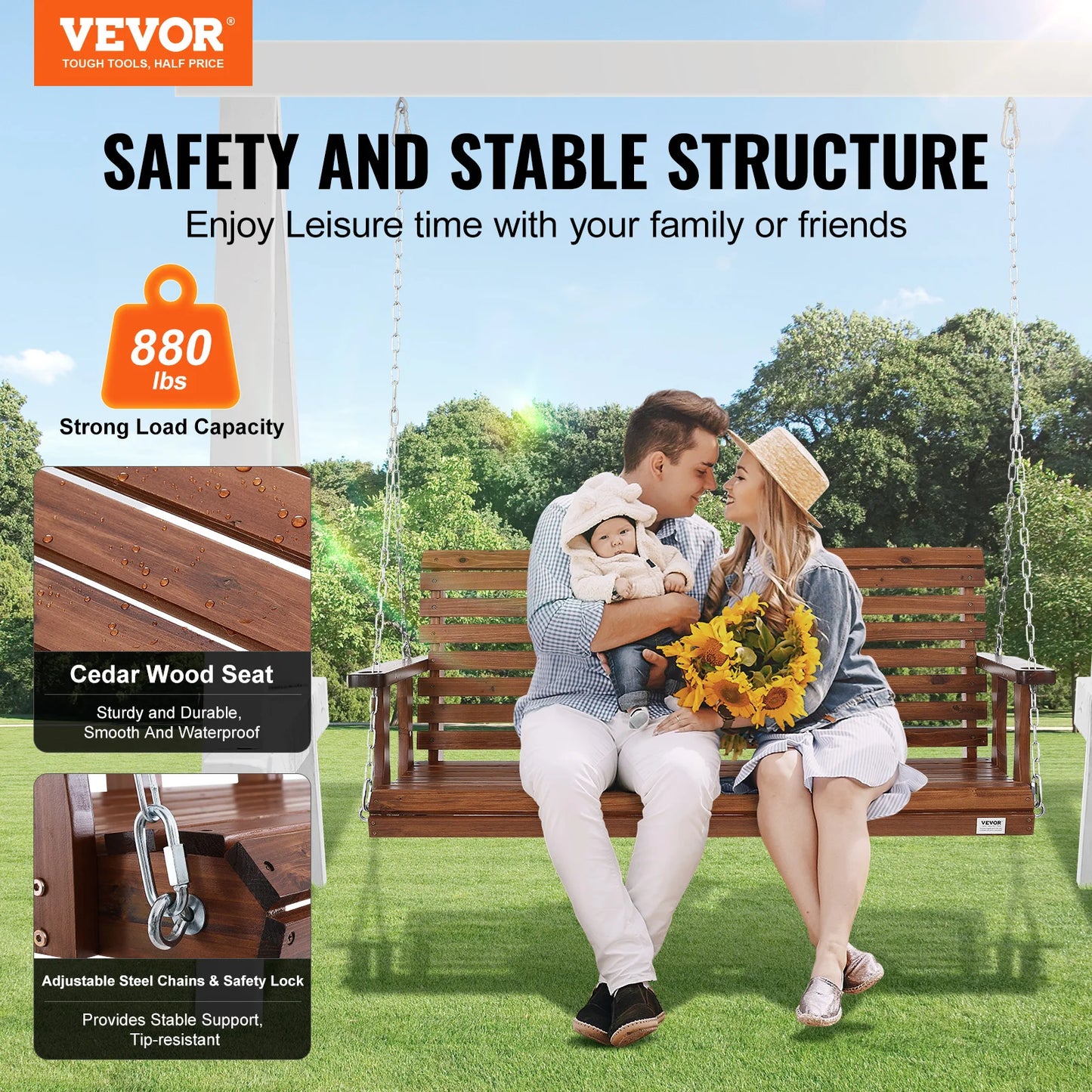 Outdoor Wooden Porch Swing With Cedar Wood And Durable Chains