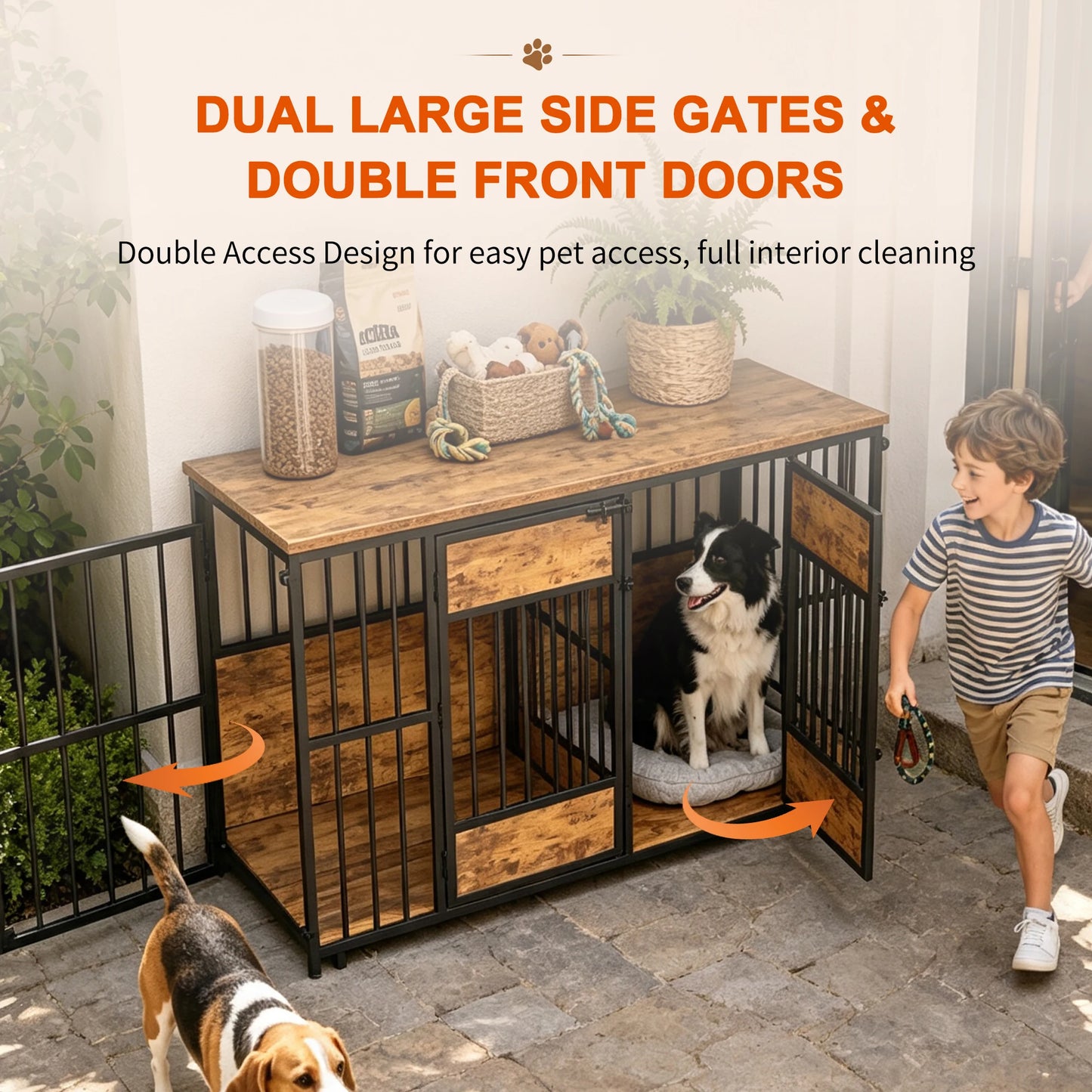 47.2-Inch Double Dog Crate Furniture with Storage Drawers and Tabletop