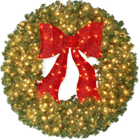 Prelit Artificial Christmas Wreath With Lighted Bow For Door Mantel
