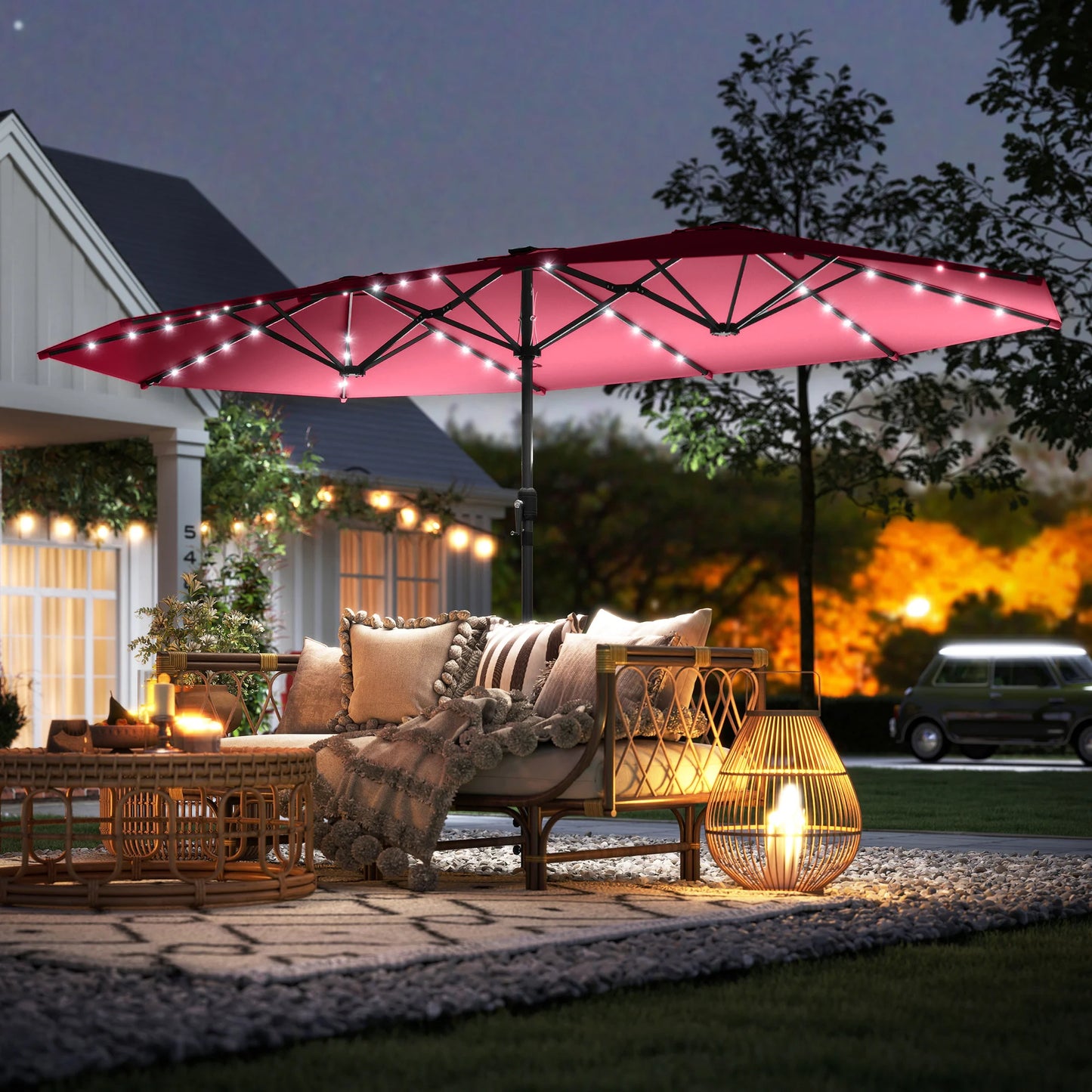 15-Foot Double-Sided Solar LED Patio Umbrella – Wine Red