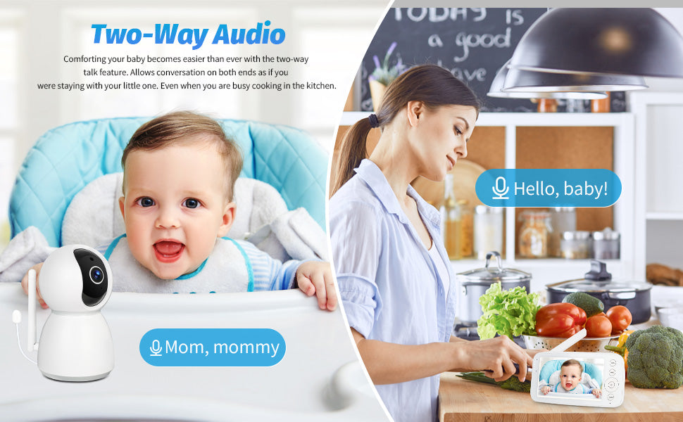 BM505 Baby Monitor Camera Audio 5" Screen 28Hrs Battery Video Camera Night Vision 2Way Talk 10 Lullabies Baby Nanny Security Cam