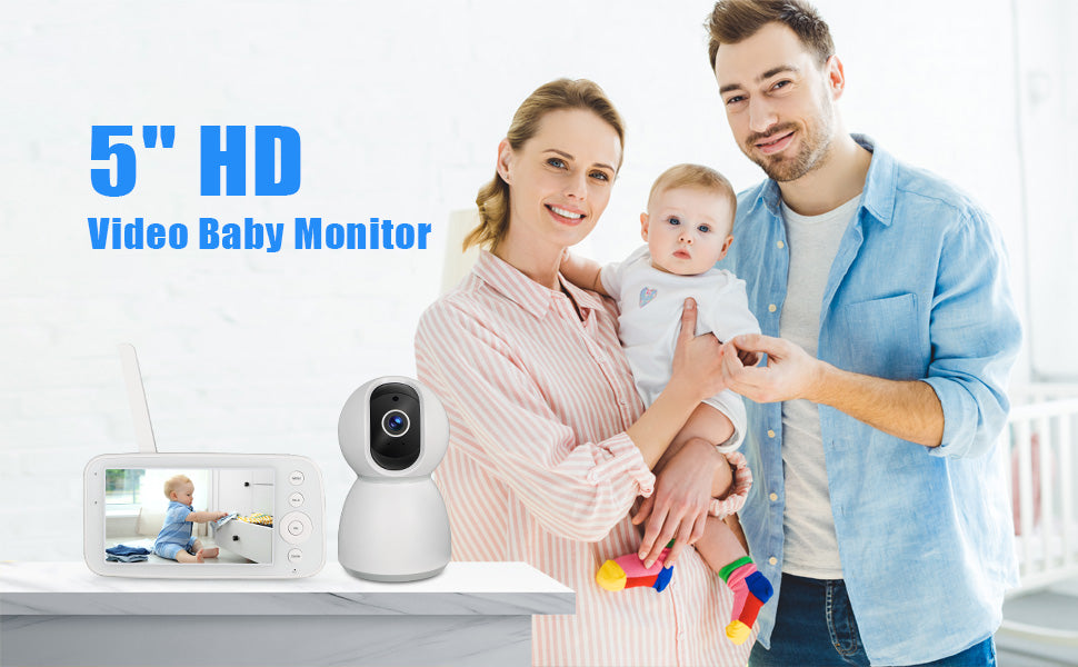BM505 Baby Monitor Camera Audio 5" Screen 28Hrs Battery Video Camera Night Vision 2Way Talk 10 Lullabies Baby Nanny Security Cam